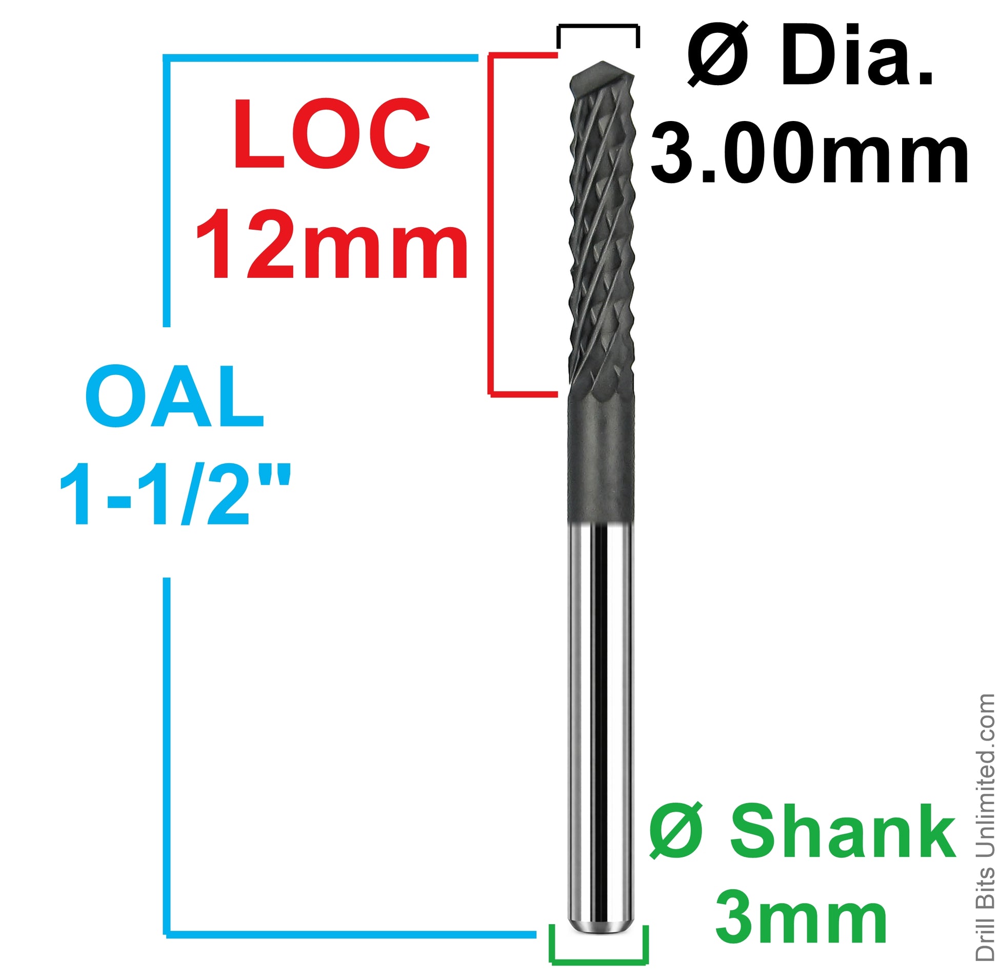 Dimensional drawing of Kyocera 2120-1181V472D router bit showing 3.00mm diameter, 12mm LOC, 38mm overall length, and 3mm shank