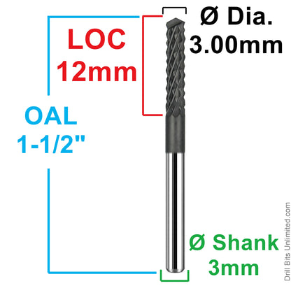 Dimensional drawing of Kyocera 2120-1181V472D router bit showing 3.00mm diameter, 12mm LOC, 38mm overall length, and 3mm shank