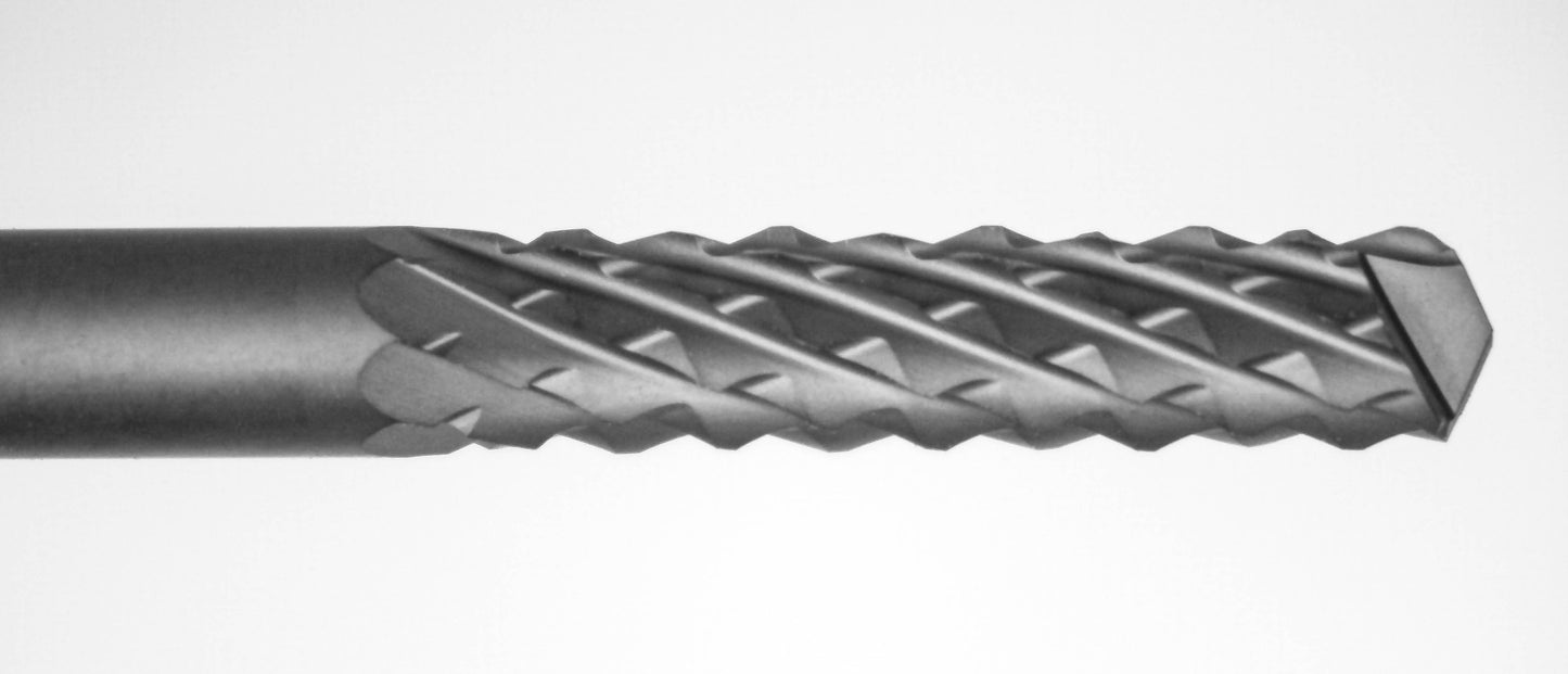 Close-up of cutting end on Kyocera 3.00mm CVD diamond coated up cut router bit with drill point tip