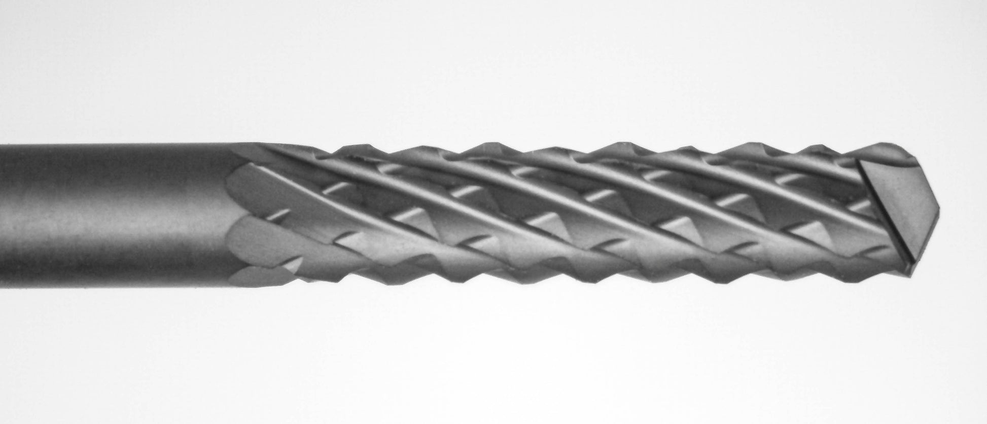 Close-up of cutting end on Kyocera 3.00mm CVD diamond coated up cut router bit with drill point tip