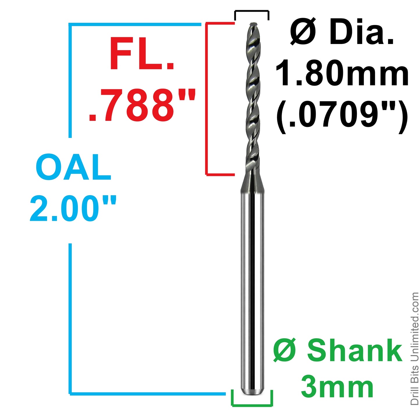Dimensional drawing of Kyocera 226-0709D788 drill showing 1.80mm (.0709) diameter, .788 flute length, 2.00 overall length, and 3mm shank