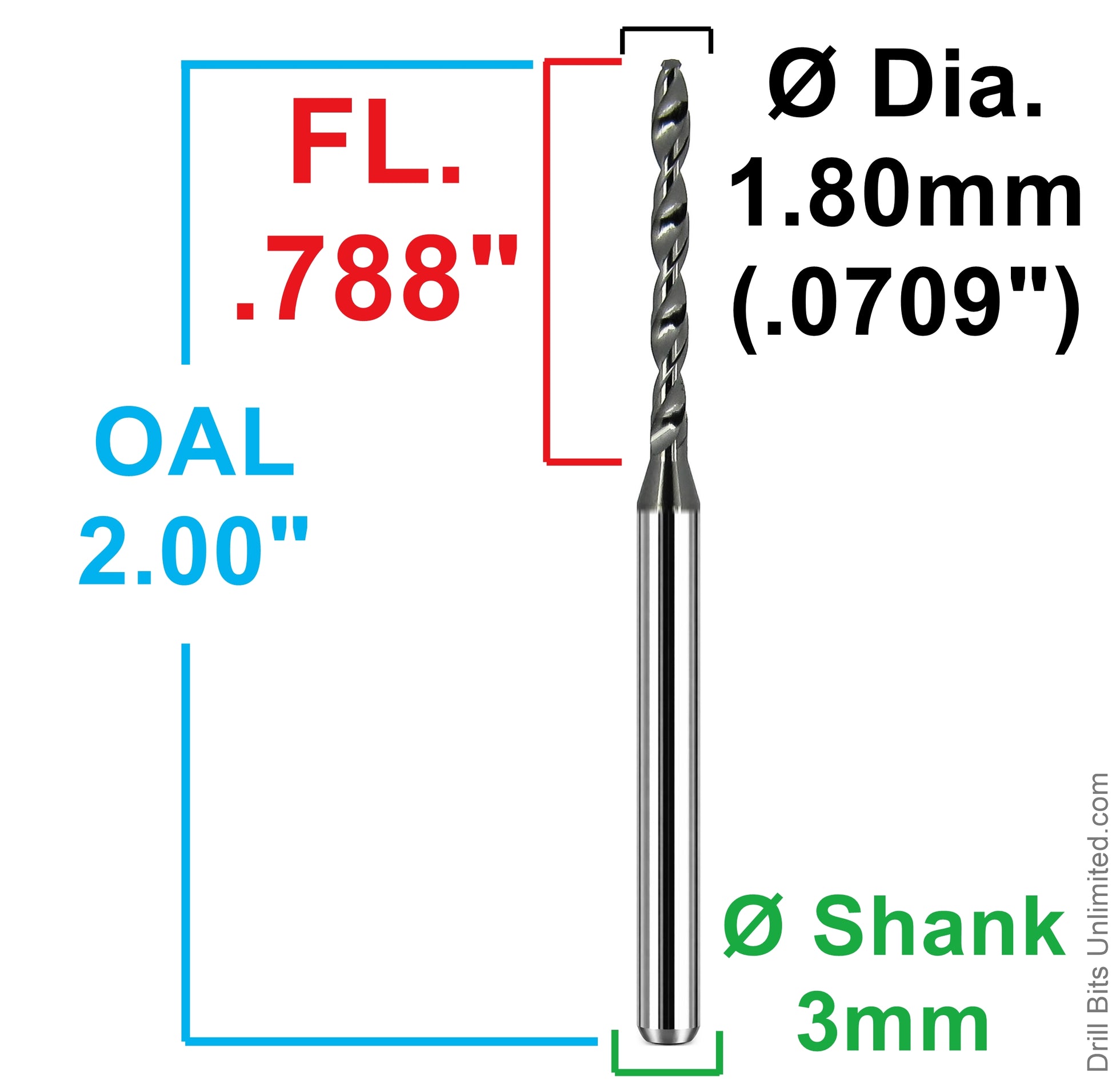 Dimensional drawing of Kyocera 226-0709D788 drill showing 1.80mm (.0709) diameter, .788 flute length, 2.00 overall length, and 3mm shank