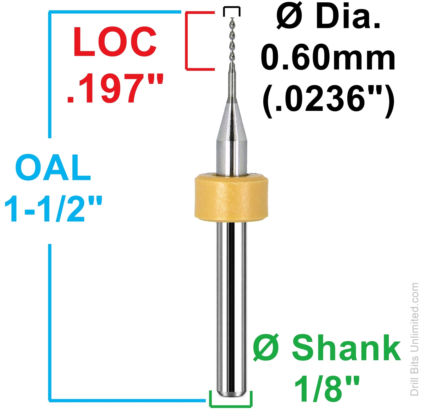 Dimensional drawing of Kyocera 240.0236.197FP drill showing 0.60mm (.0236) diameter, .197 LOC, 1.50 overall length, and 1/8 shank
