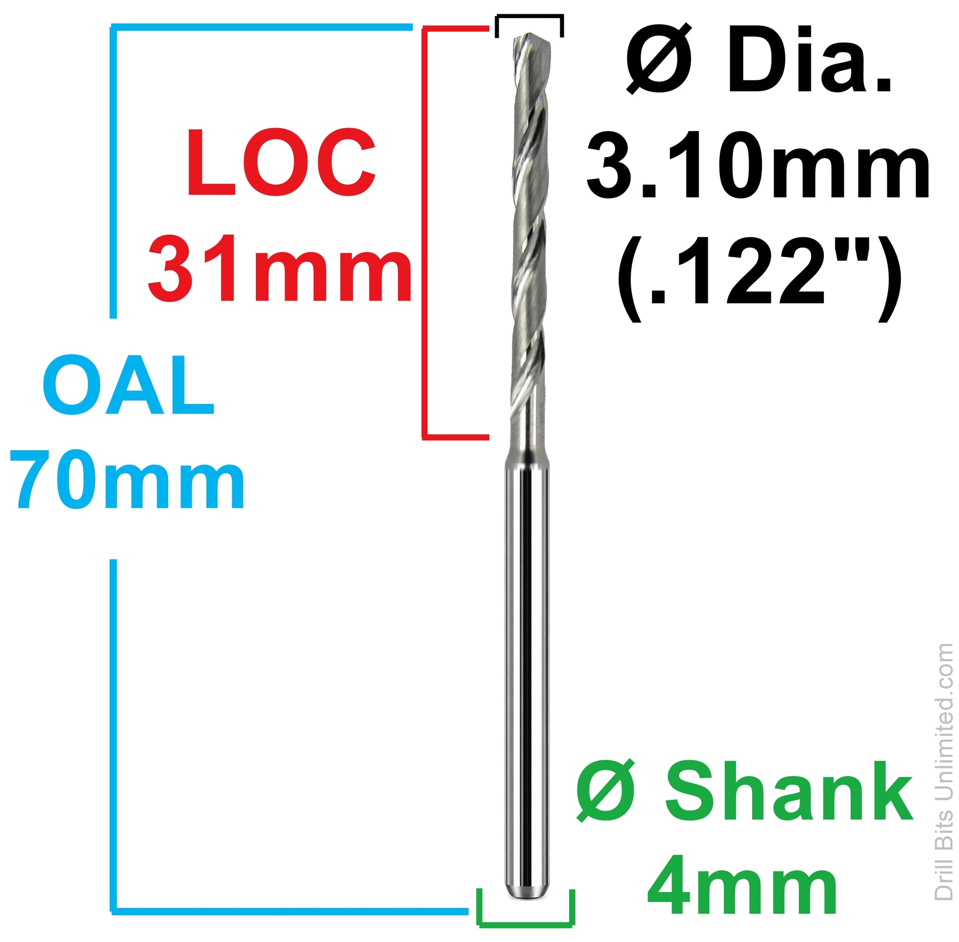 Dimensional drawing of Kyocera 813-1220.1221 drill showing 3.10mm diameter, 31mm LOC, 70mm overall length, and 4mm shank
