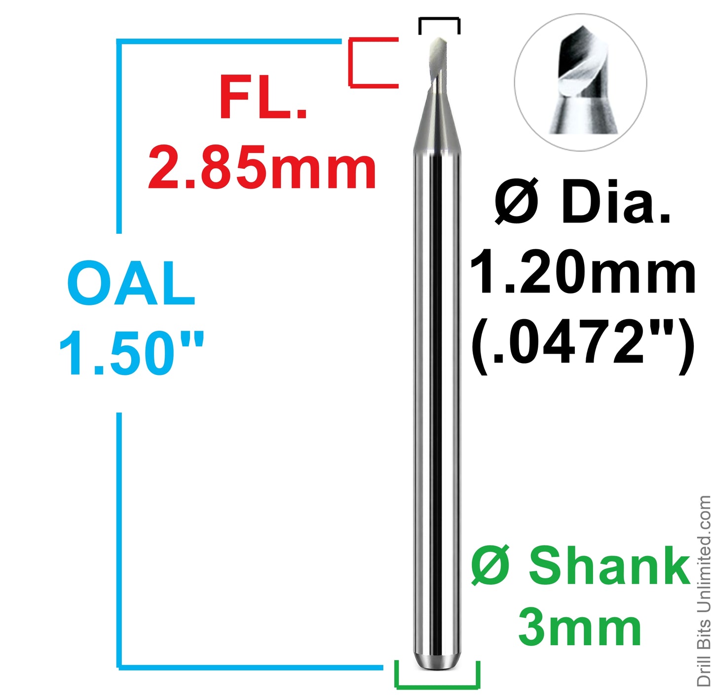 Dimensional drawing of Kyocera 885-0472.112 drill showing 1.20mm diameter, 2.85mm flute length, 38mm overall length, and 3mm shank