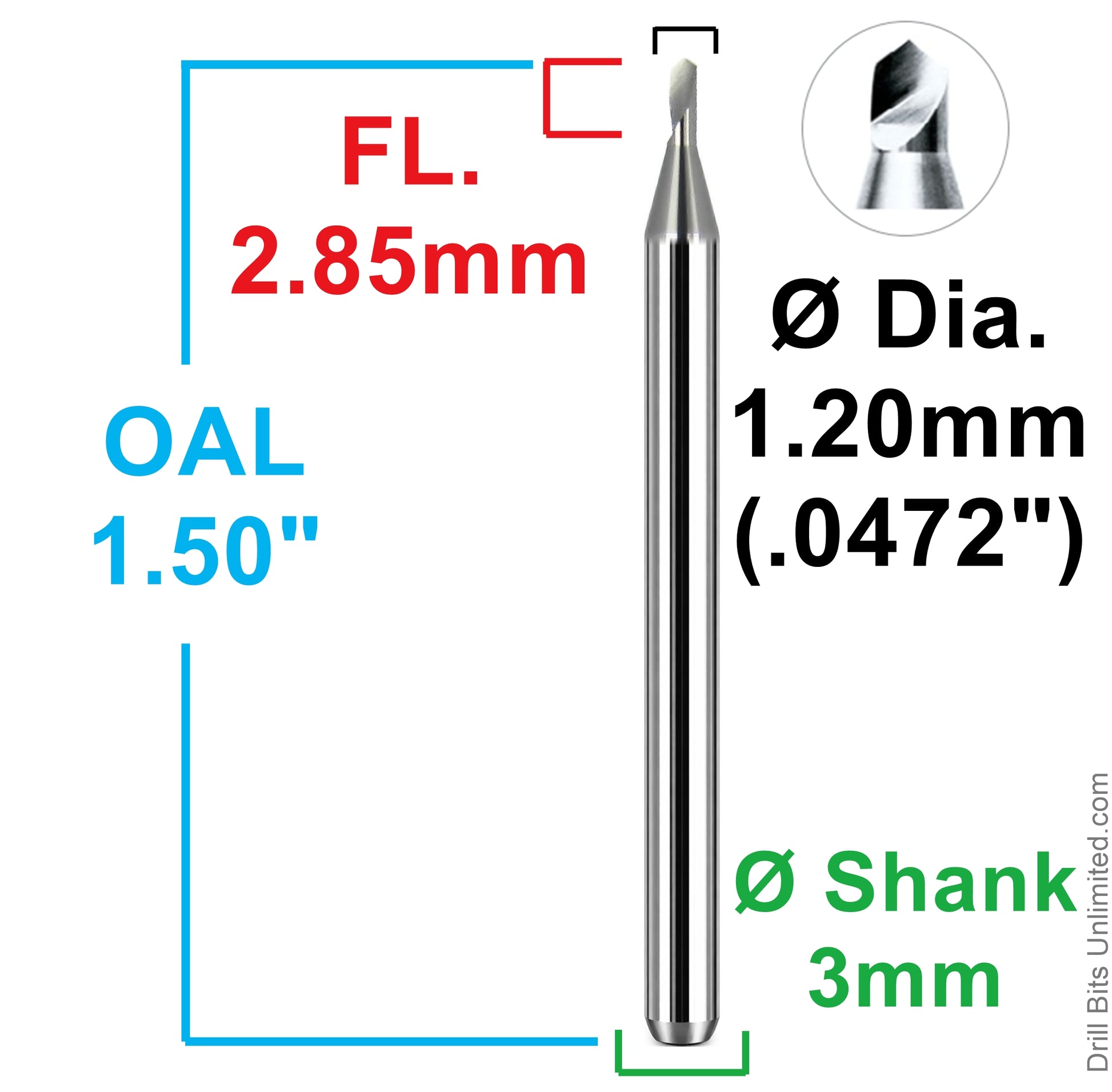 Dimensional drawing of Kyocera 885-0472.112 drill showing 1.20mm diameter, 2.85mm flute length, 38mm overall length, and 3mm shank