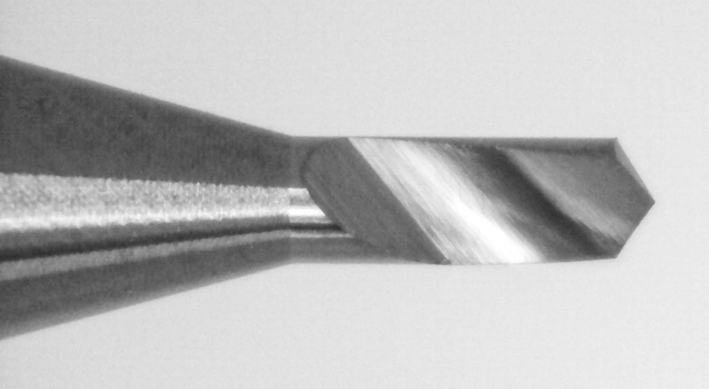 Close-up of tip on Kyocera 1.20mm single flute carbide micro drill for brass with 120 degree point