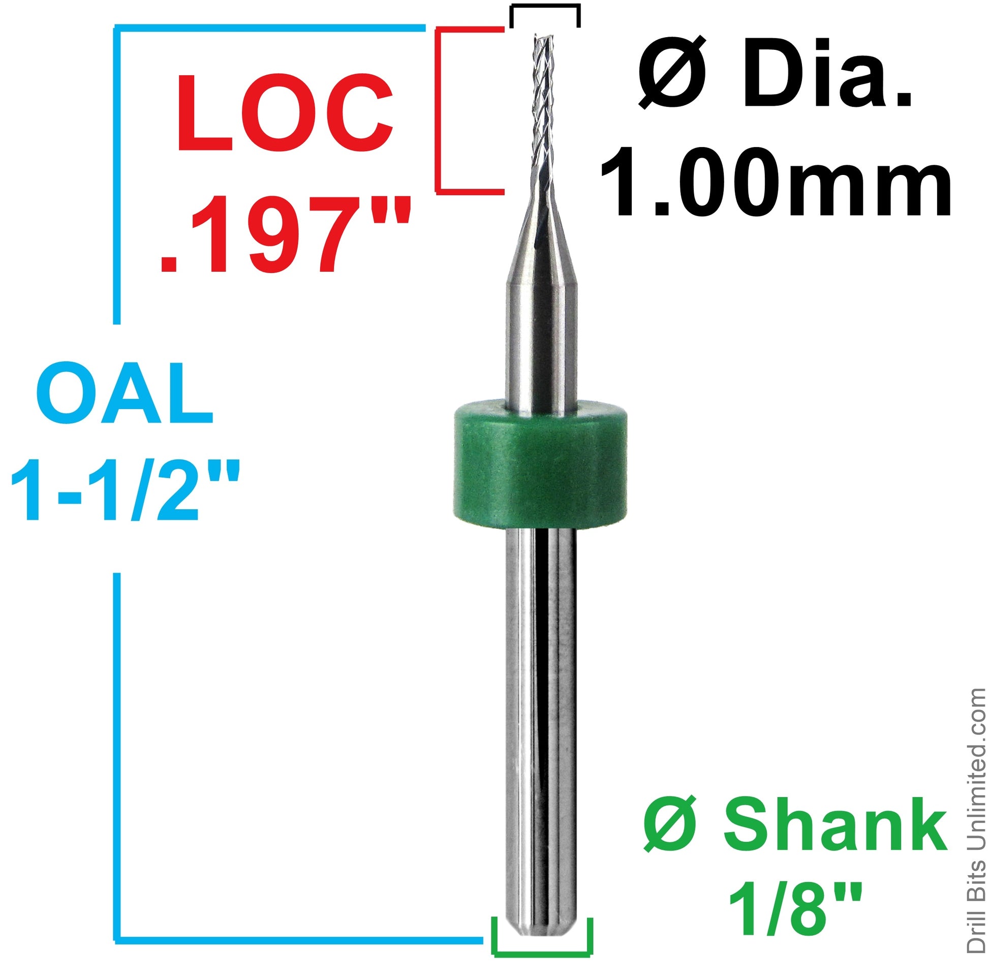 0.0394 inch 1.00mm diamond flute carbide router dimensions showing .197 inch LOC and 1.50 inch overall length