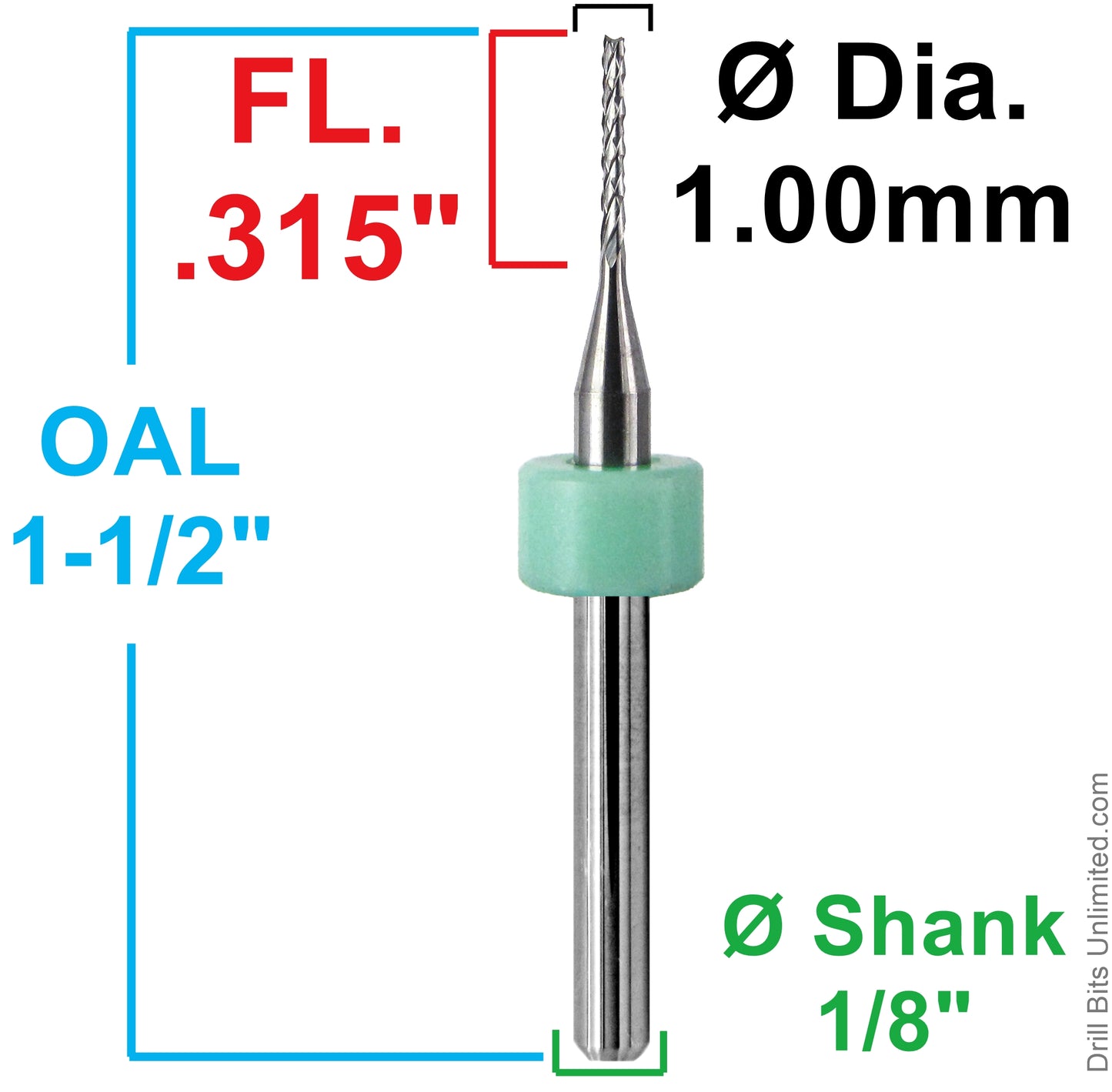 0.0394 inch 1.00mm diamond flute carbide router dimensions showing .315 inch LOC and 1.50 inch overall length
