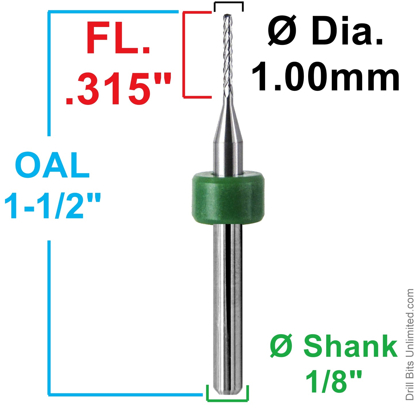 0.0394 inch 1.00mm diamond flute carbide router dimensions showing .315 inch LOC and 1.50 inch overall length
