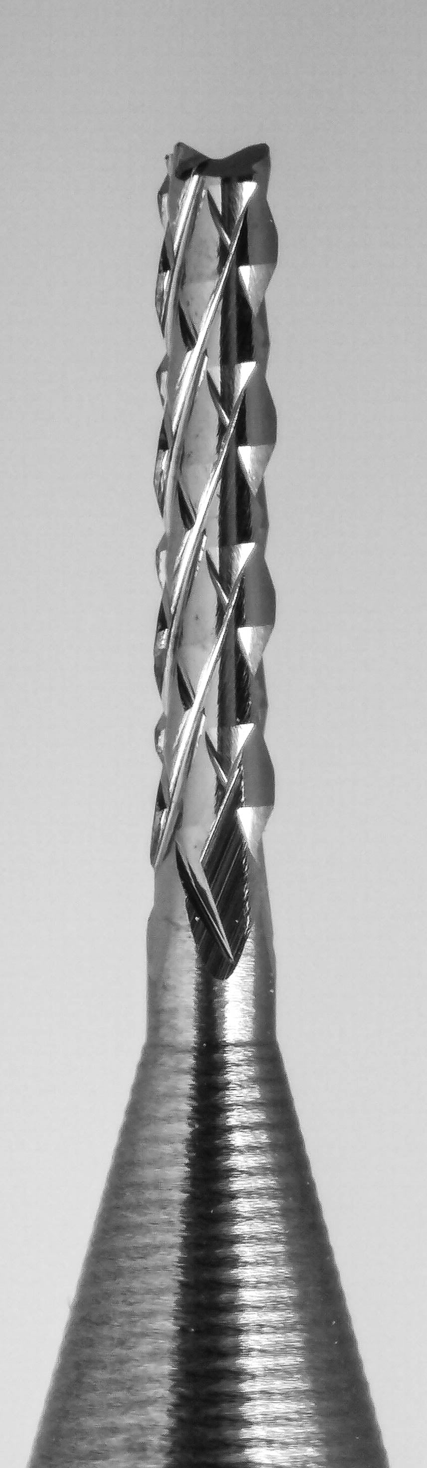 close-up of fish tail tip on 0.0394 inch diamond flute carbide router