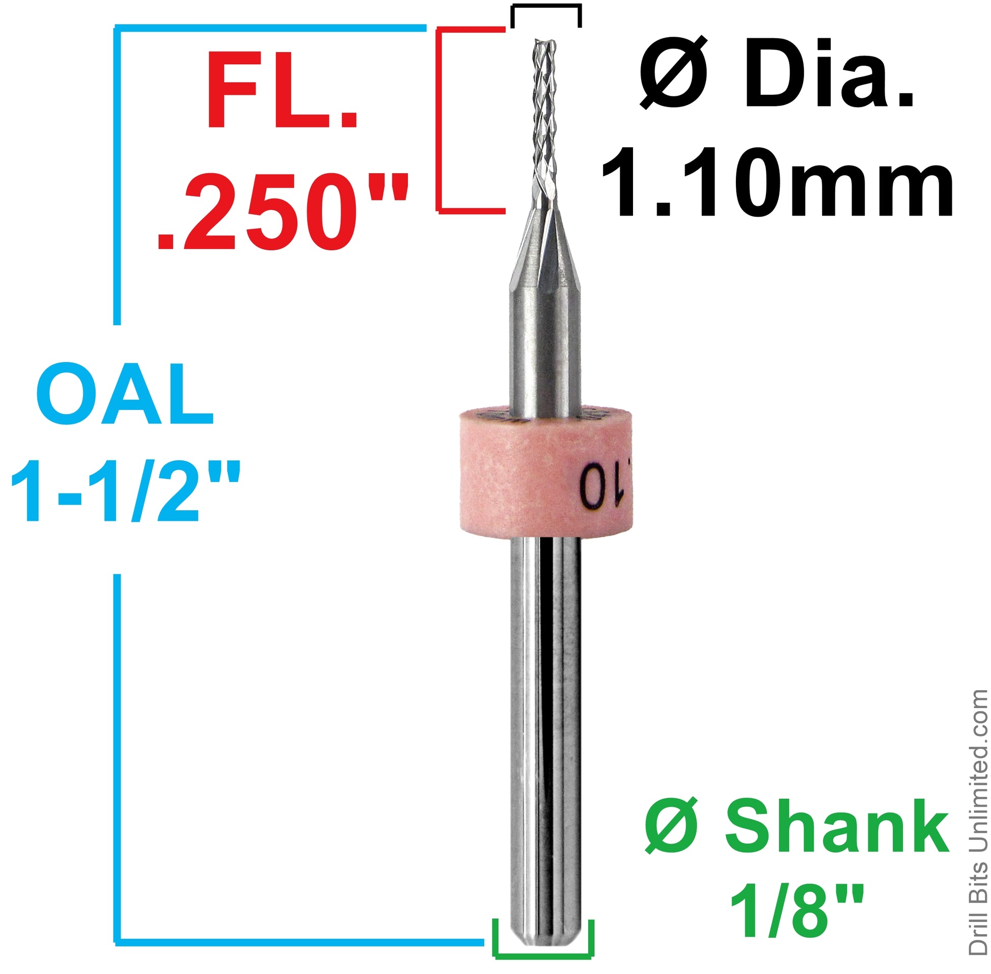 0.0433 inch 1.10mm diamond flute carbide router dimensions showing .250 inch LOC and 1.50 inch overall length