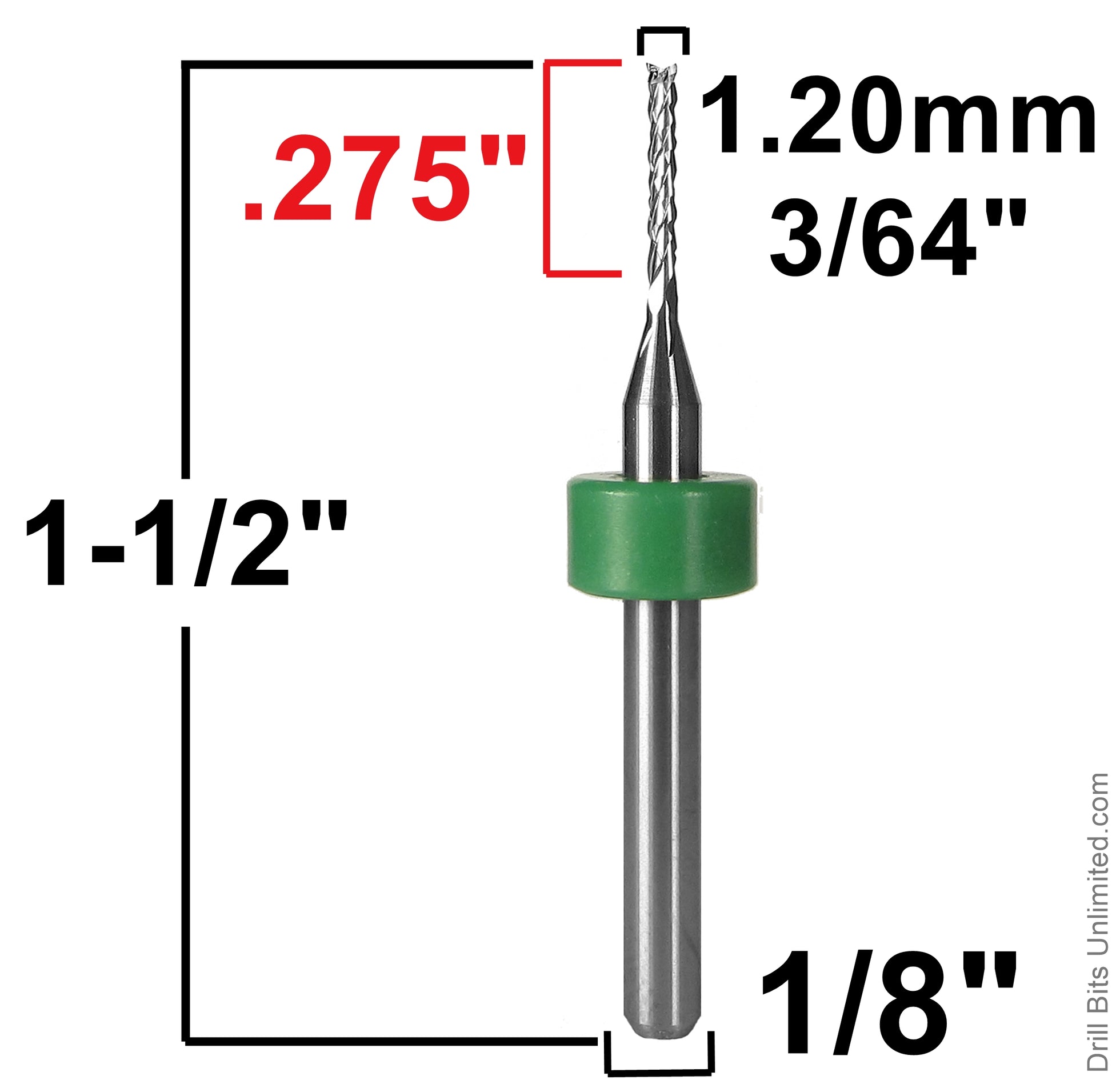 0.0472 inch 1.20mm diamond flute carbide router dimensions showing .275 inch LOC and 1.50 inch overall length