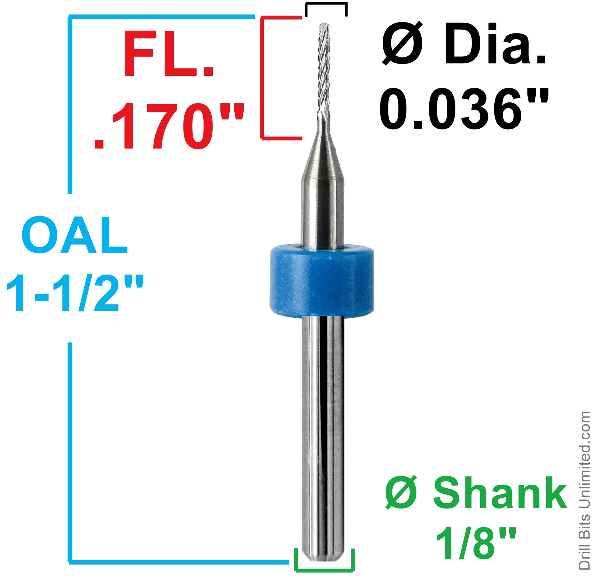 0.036 inch diamond pattern carbide router dimensions showing .170 inch LOC and 1.50 inch overall length