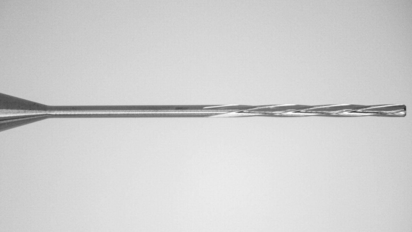 Close-up of tip on Kyocera 0.64mm solid carbide 4-flute micro reamer