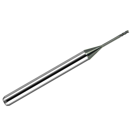 Kyocera 1.50mm 3-flute corner radius carbide end mill with AX coating, reduced neck, and 6mm shank, made in USA
