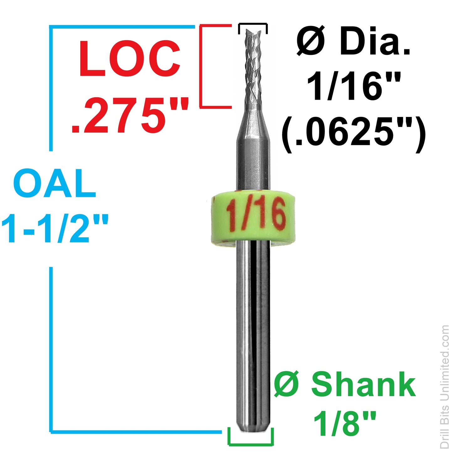 0.0625" / 1/16" Diamond Flute Router, Fish Tail, .275" LOC, 1/8" Shank L10