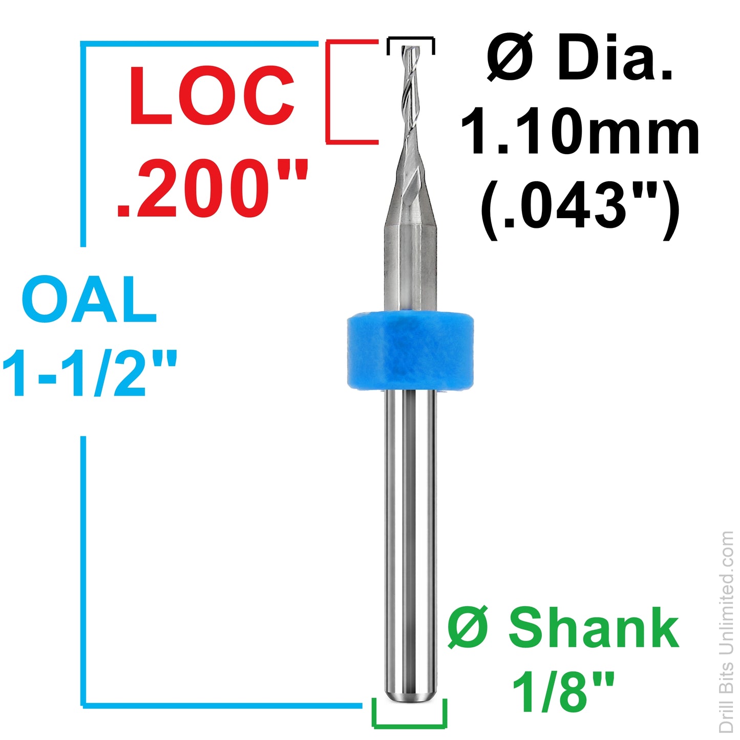 Dimension image for 1.10mm square-end carbide end mill showing .200 inch LOC, 1.50 inch OAL, and 1/8 inch shank