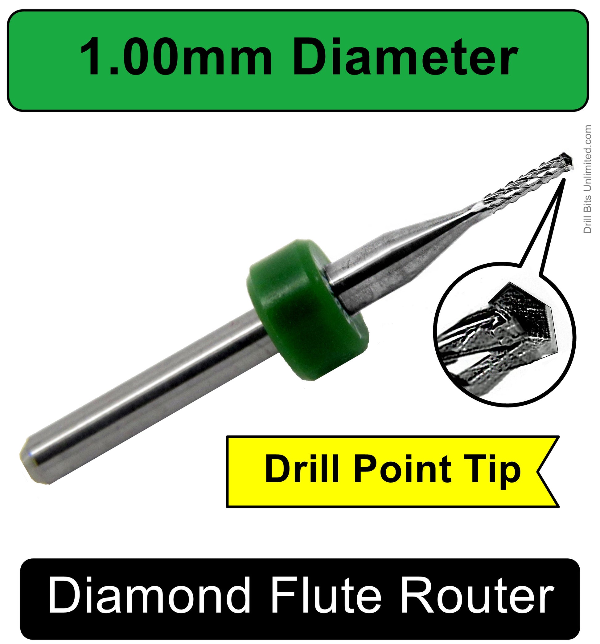 1mm carbide router with drill point tip. Close view