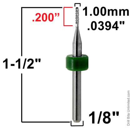Dimension image for 1.00mm diamond flute router showing .200 inch LOC, 1.50 inch OAL, and 1/8 inch shank