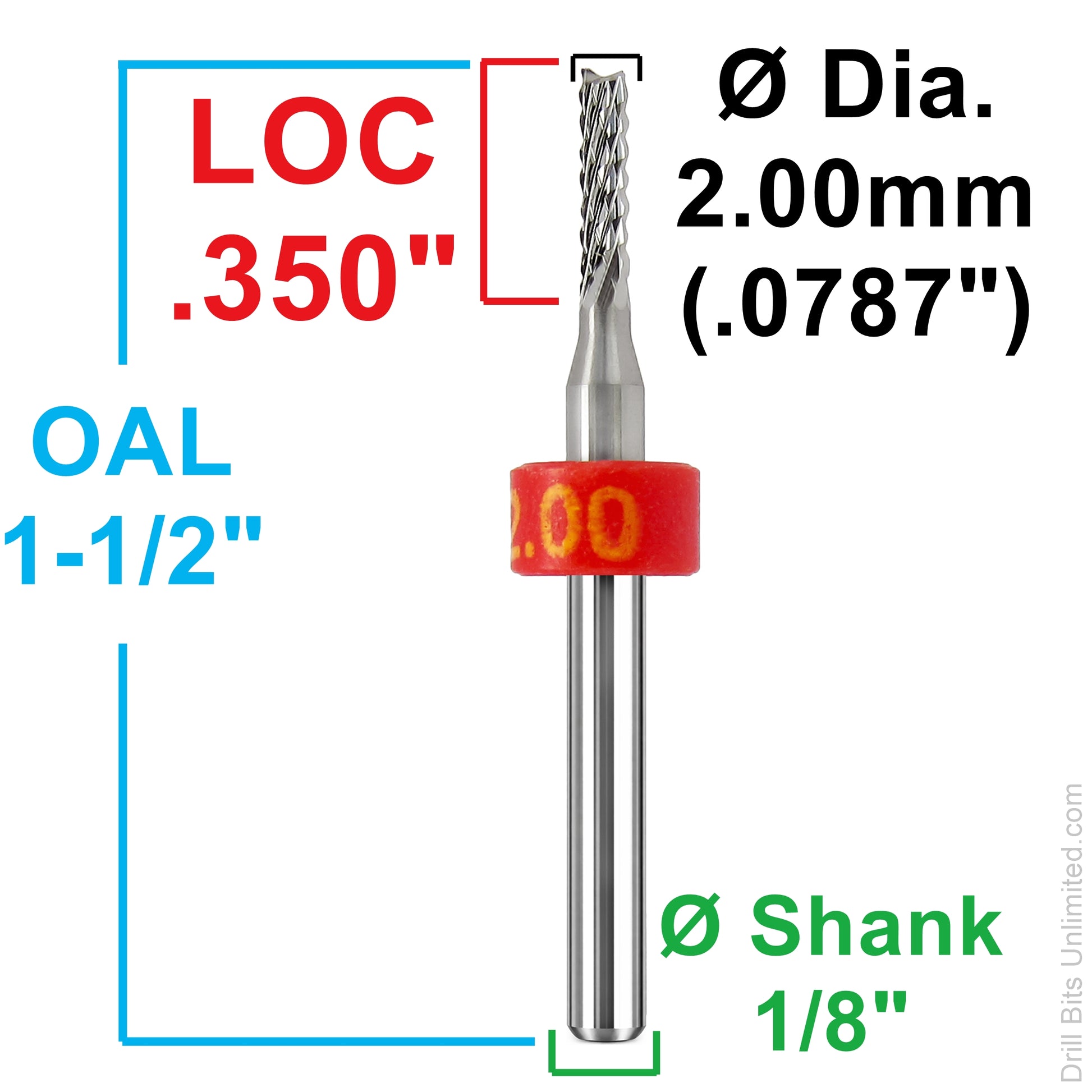 Dimension image for 2.00mm diamond flute router showing .350 inch LOC, 1.50 inch OAL, and 1/8 inch shank