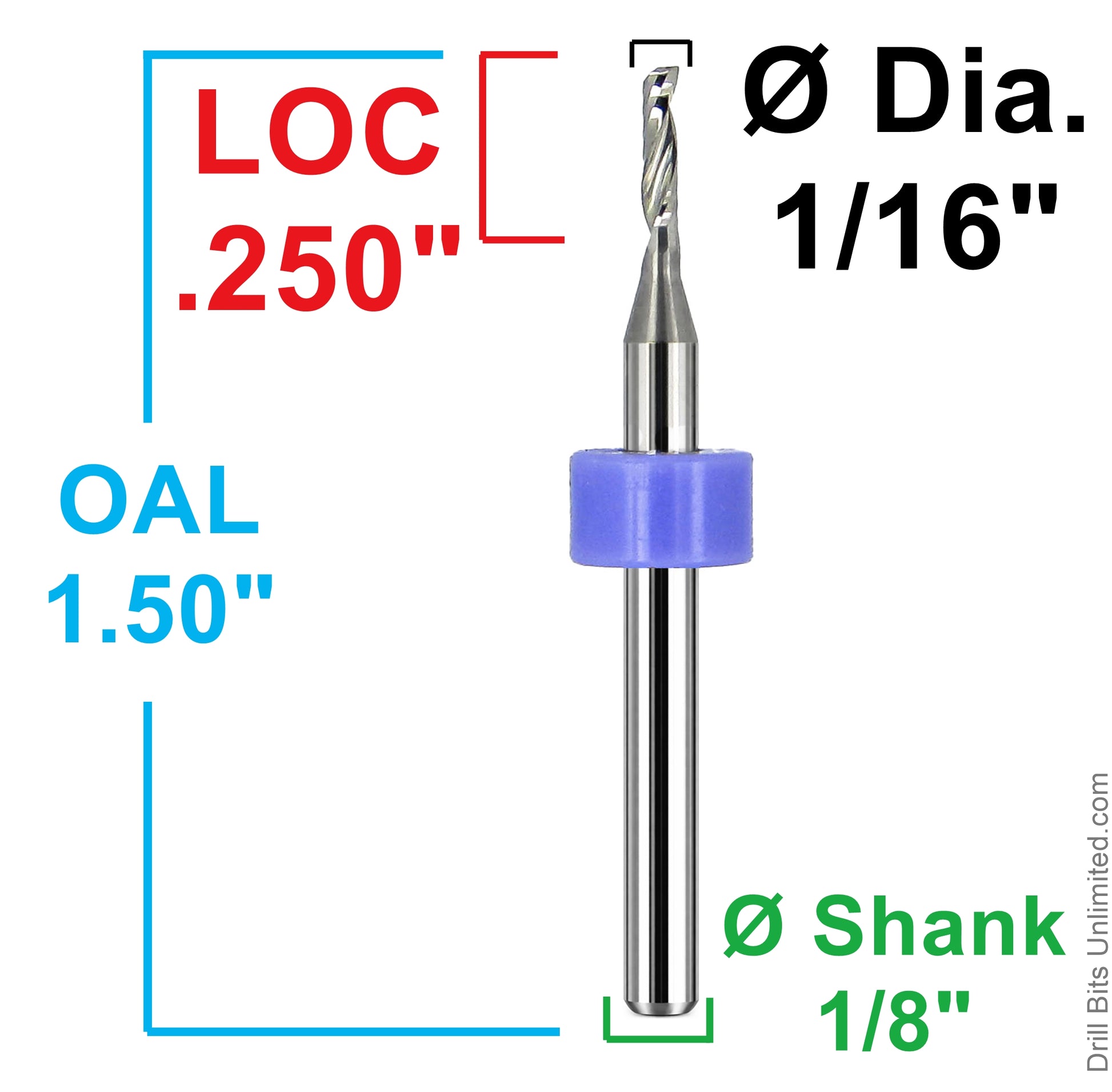 Dimensional drawing of lightly used 1/16 inch single O-flute carbide end mill showing .250 inch flute length, 1.50 inch OAL, and 1/8 inch shank
