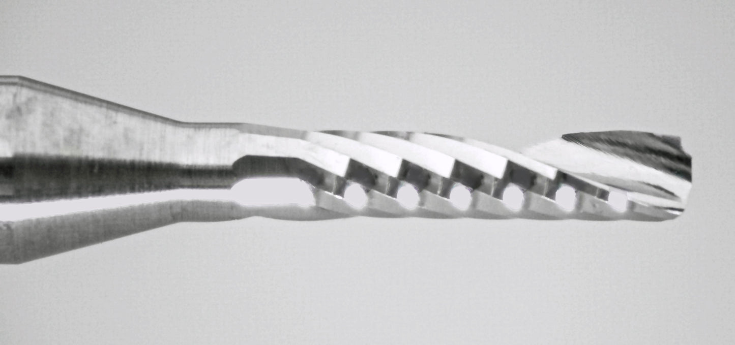 Close-up of cutting end on lightly used 1/16 inch single O-flute carbide end mill
