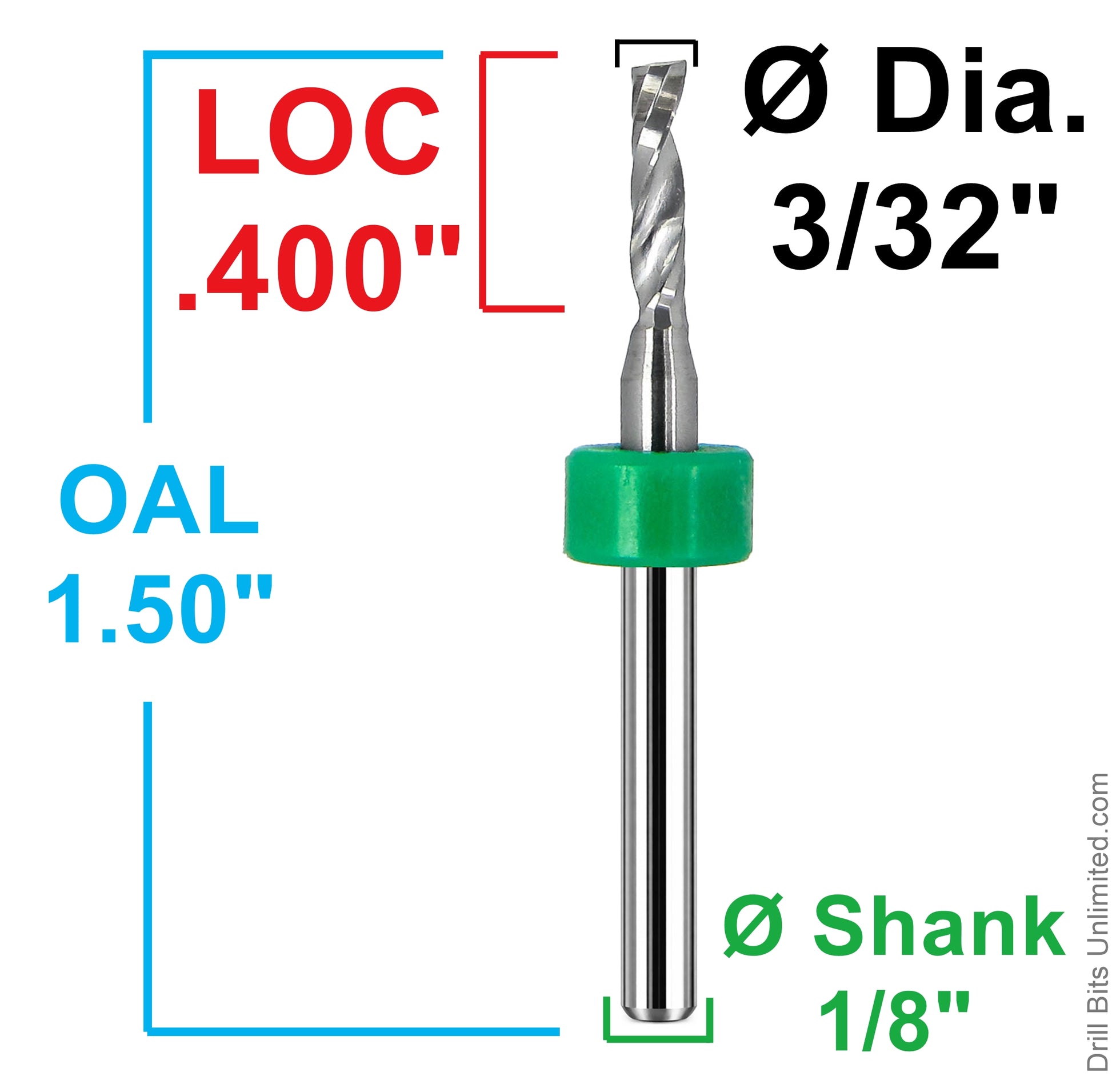 Dimensional drawing of lightly used 3/32 inch single O-flute carbide end mill showing .400 inch flute length, 1.50 inch OAL, and 1/8 inch shank