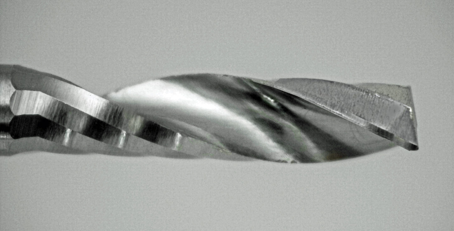 Close-up of cutting end on lightly used 3/32 inch single O-flute carbide end mill