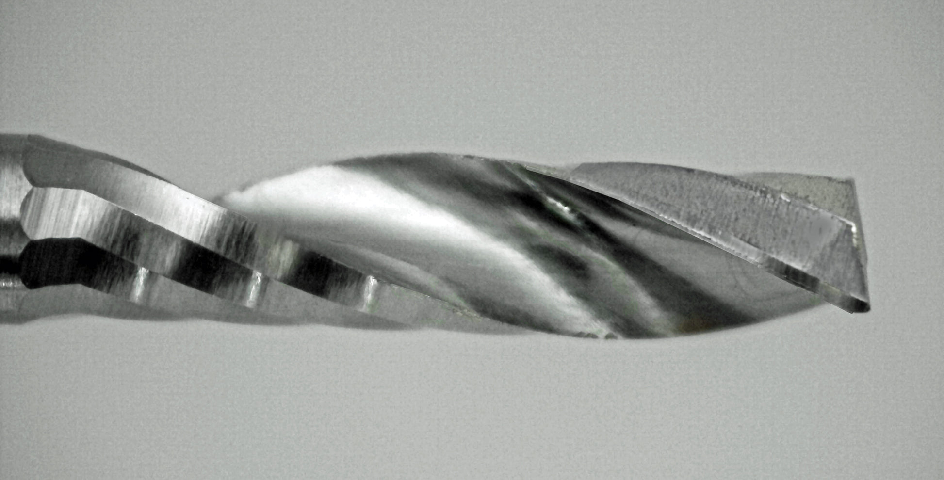 Close-up of cutting end on lightly used 3/32 inch single O-flute carbide end mill