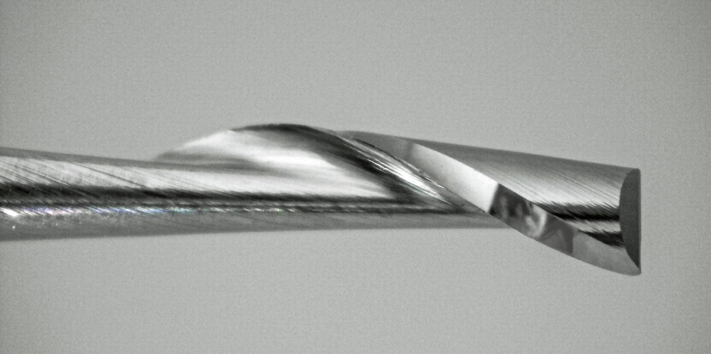 Close-up of cutting end on lightly used 3/32 inch single-flute carbide end mill