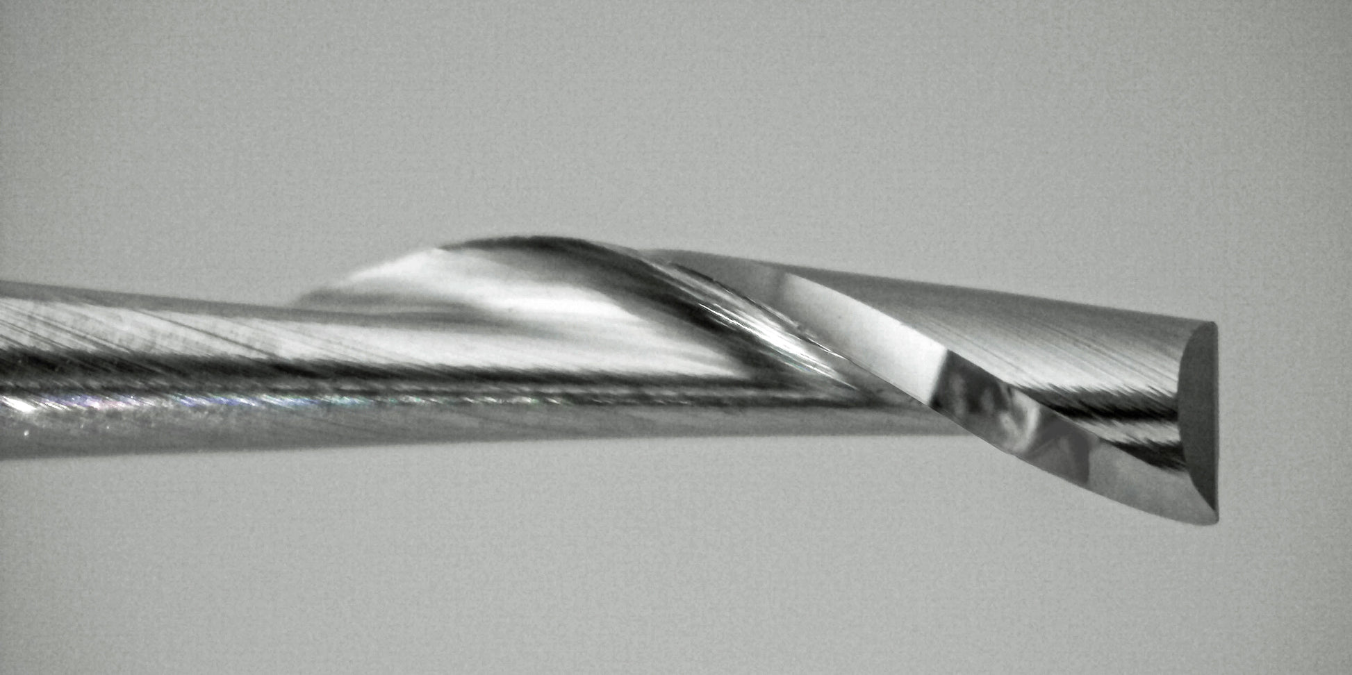 Close-up of cutting end on lightly used 3/32 inch single-flute carbide end mill