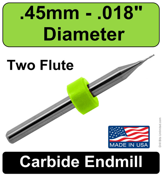 .018" .45mm Two Flute Carbide End Mill Up Cut .079" LOC -Made in U.S.A. M104