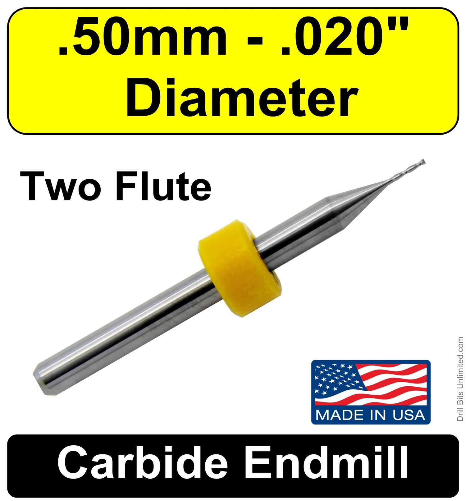 .020" (.0197) 0.50mm x .118" LOC Two Flute Carbide End Mill Up Cut Square End Made in U.S.A. M105 Close Up