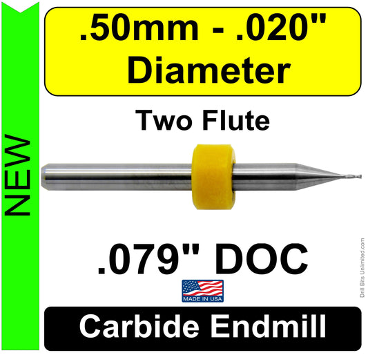 0.50mm x .079" LOC Two Flute Carbide End Mill Up Cut Square End Made in U.S.A. M105A