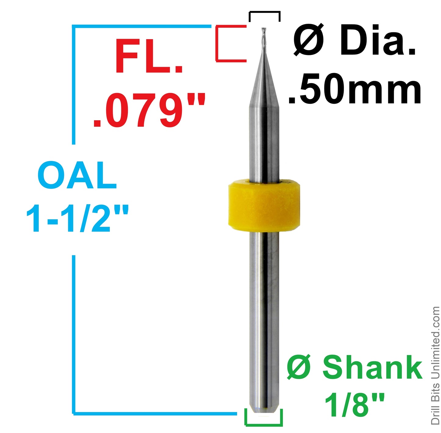 0.50mm x .079" LOC Two Flute Carbide End Mill Up Cut Square End Made in U.S.A. M105A