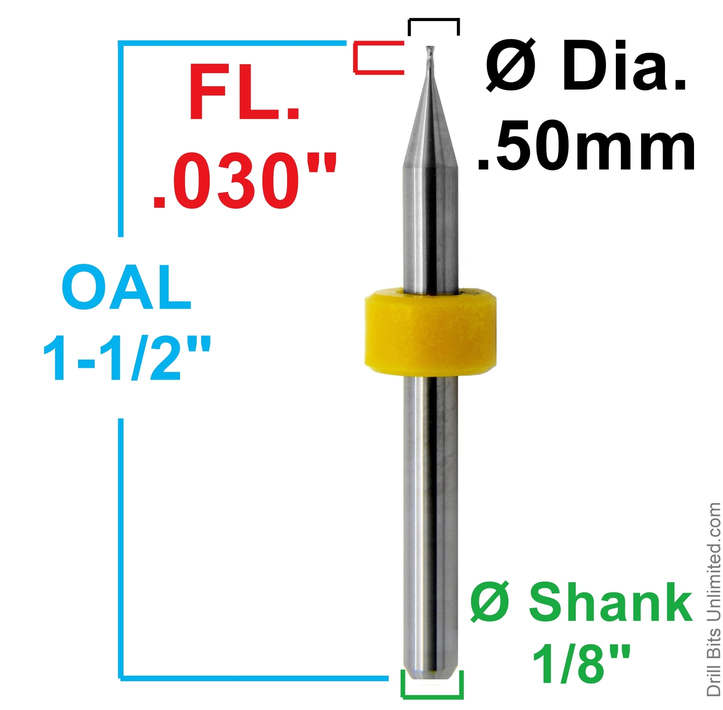 0.50mm .020" x .030" LOC STUB length Two Flute UP Cut Carbide End Mill Square End - Made in U.S.A. M105ST