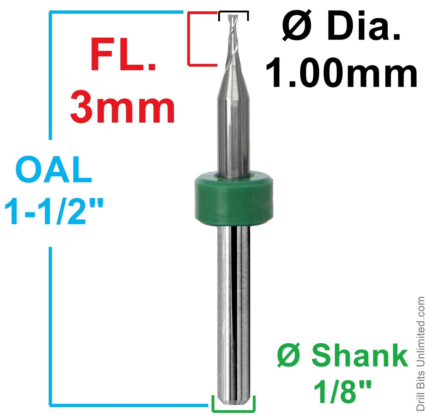 0.0394" / 1.00mm Two-Flute Carbide End Mill, Square End, .120" LOC, 1/8" Shank | Lightly Used 10 Pc UMT110