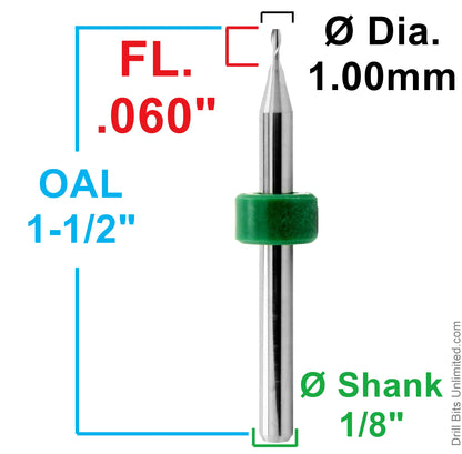 Dimension image for 1.00mm carbide end mill showing .060 inch flute length, 1.45 inch OAL, and 1/8 inch shank