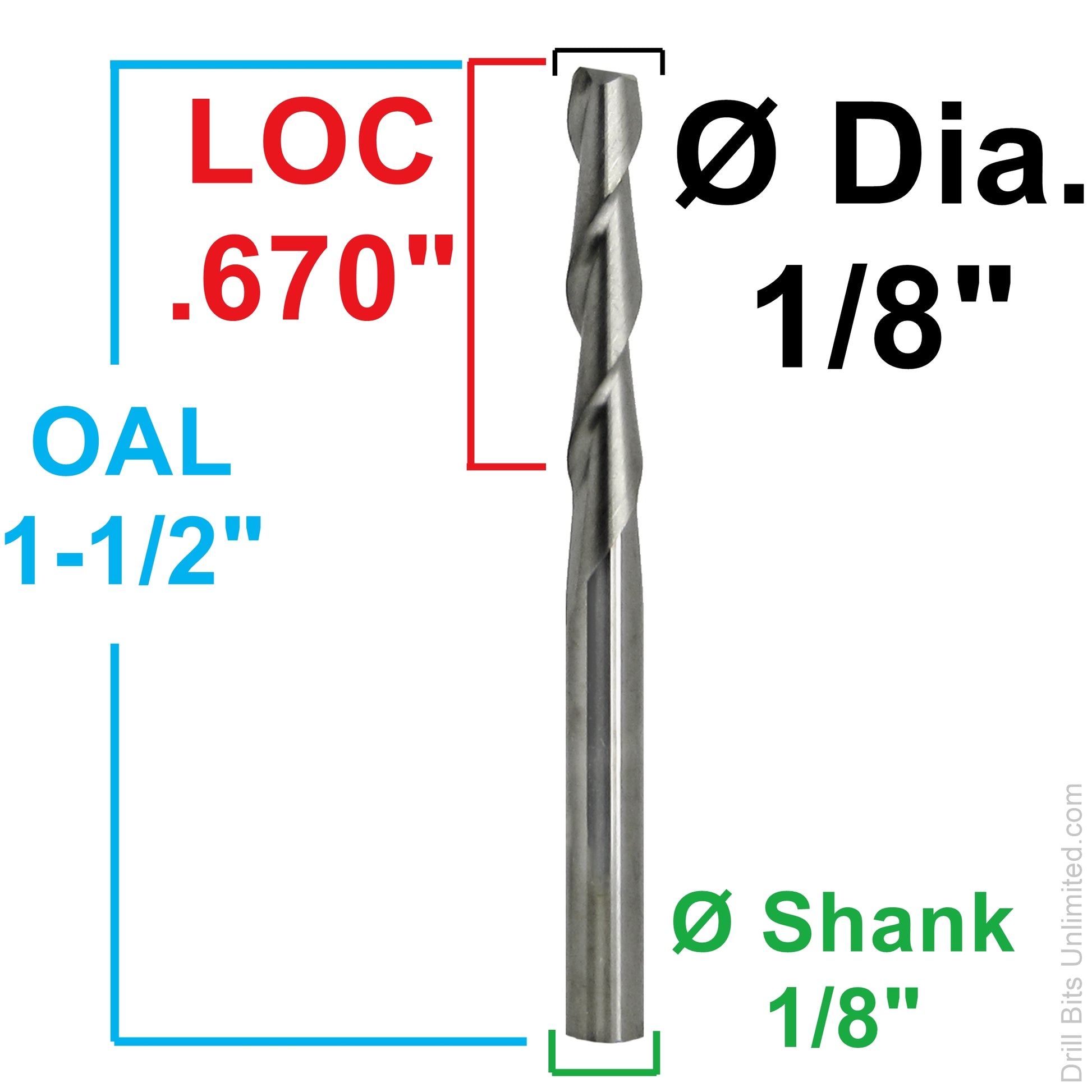 Dimension diagram for 1/8 inch 2-flute carbide end mill showing .670 inch LOC, 1.50 inch OAL, and 1/8 inch shank