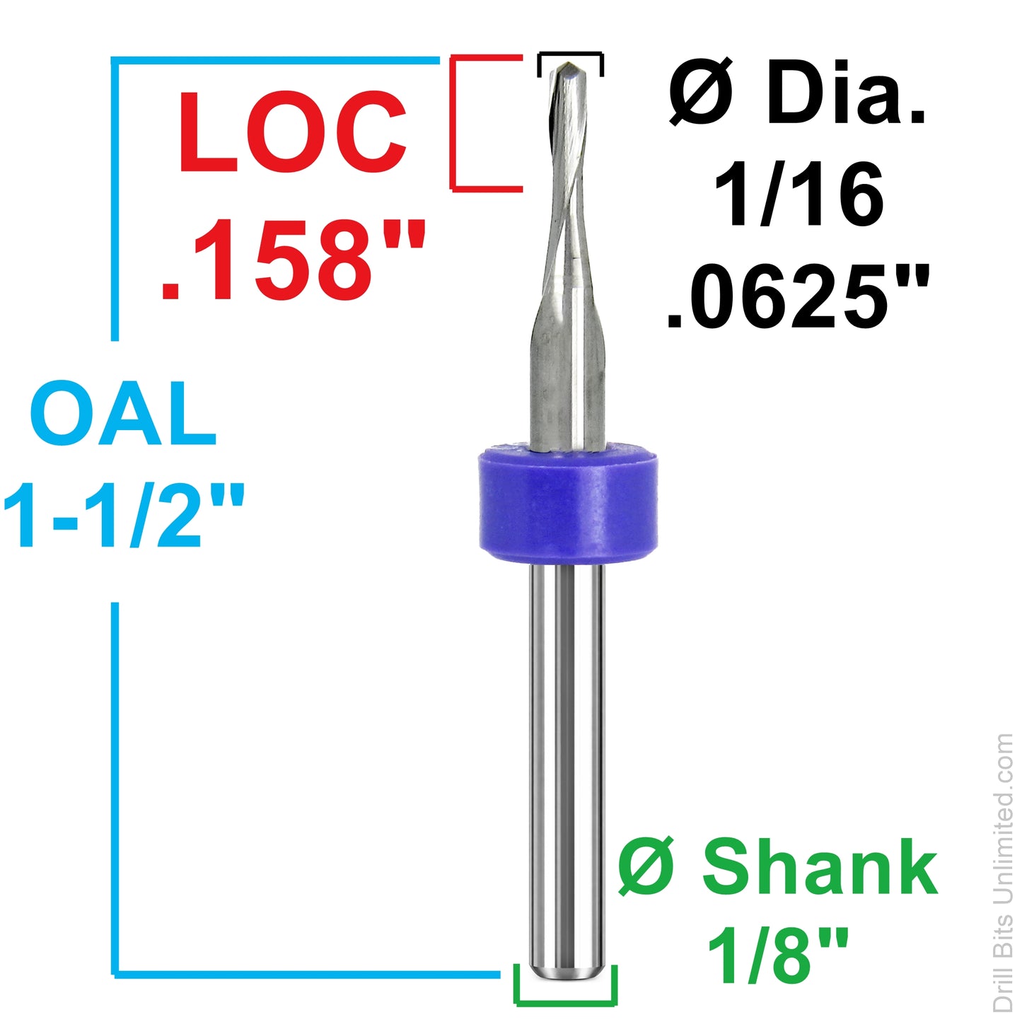 0.0625" (1/16") x .158" LOC 2-Flute Drill Point Carbide End Mill, 1/8" Shank | M2-130