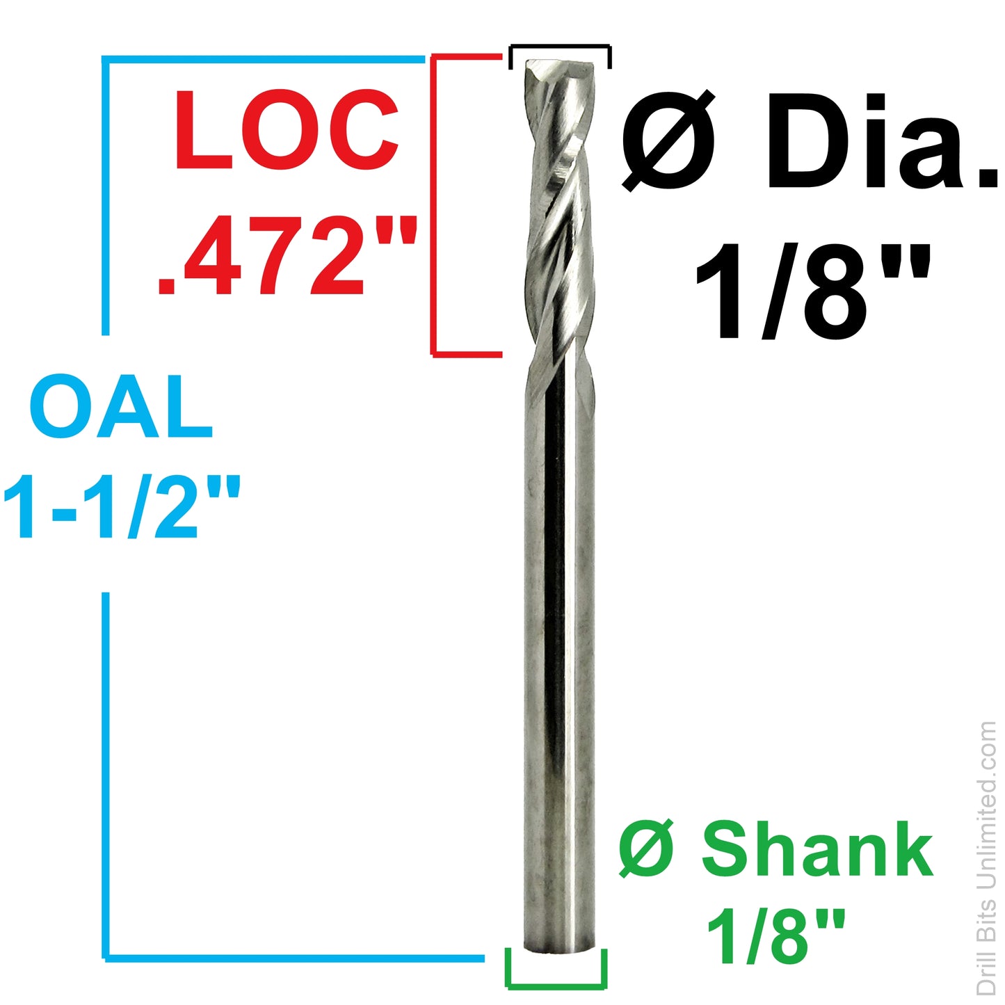 Dimension diagram for 1/8 inch 2-flute carbide end mill showing .472 inch LOC, 1.50 inch OAL, and 1/8 inch shank