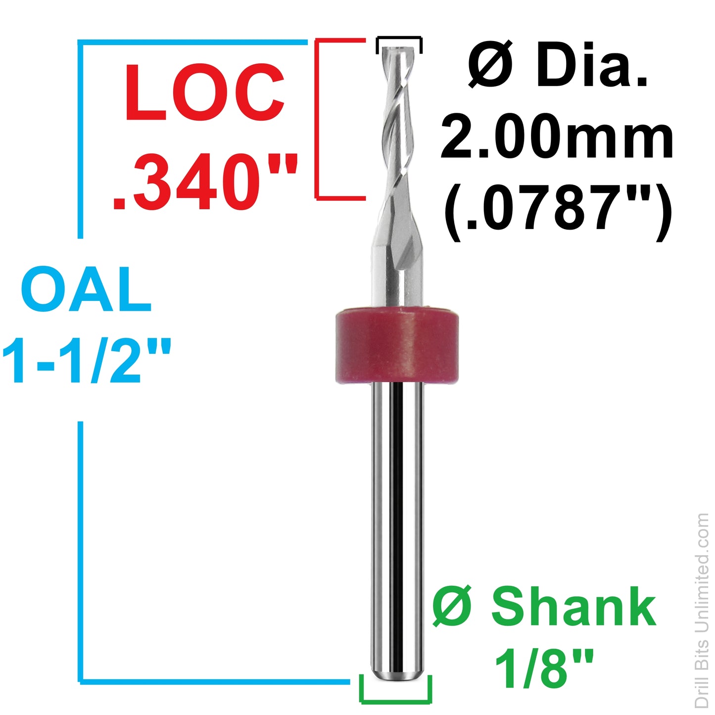 Dimension image for 2.00mm carbide end mill showing .340 inch LOC, 1.50 inch OAL, and 1/8 inch shank