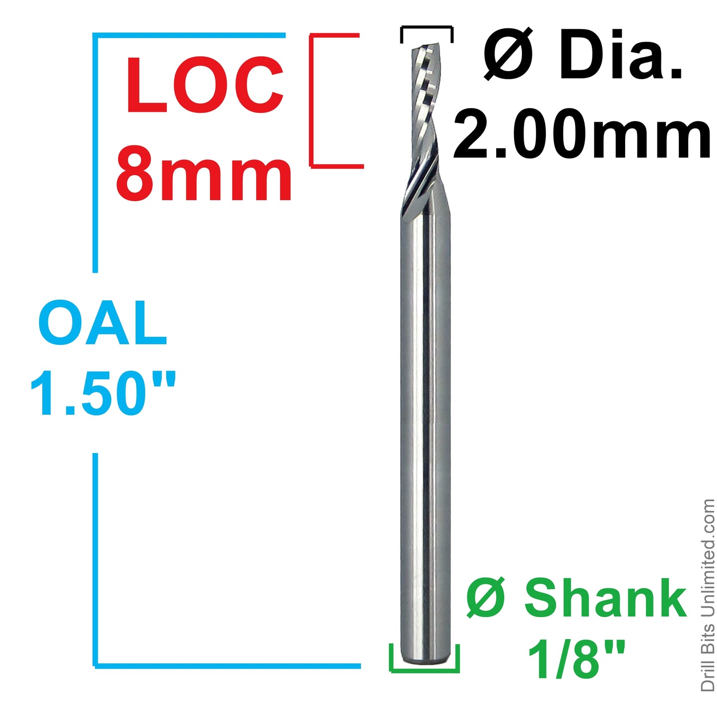 Dimensional drawing of 2.00mm single O-flute carbide end mill showing 8mm flute length, 1.50 inch OAL, and 1/8 inch shank