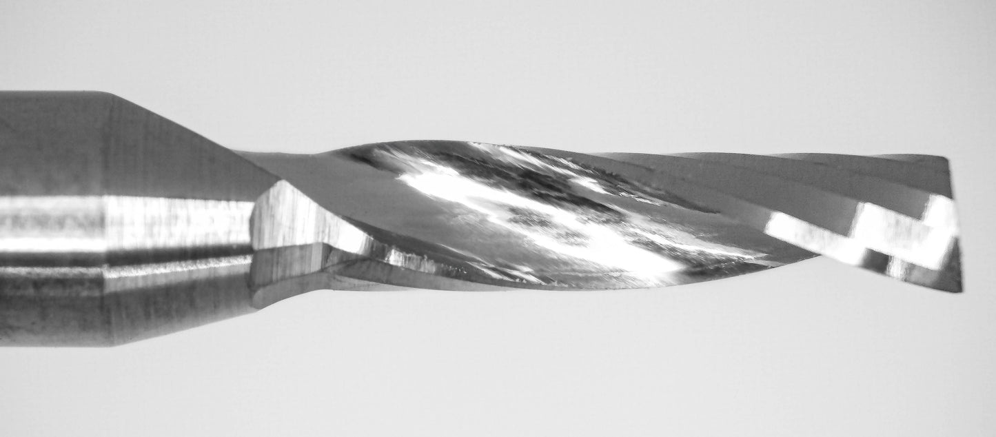 Close-up of cutting end on 2.00mm single O-flute carbide end mill
