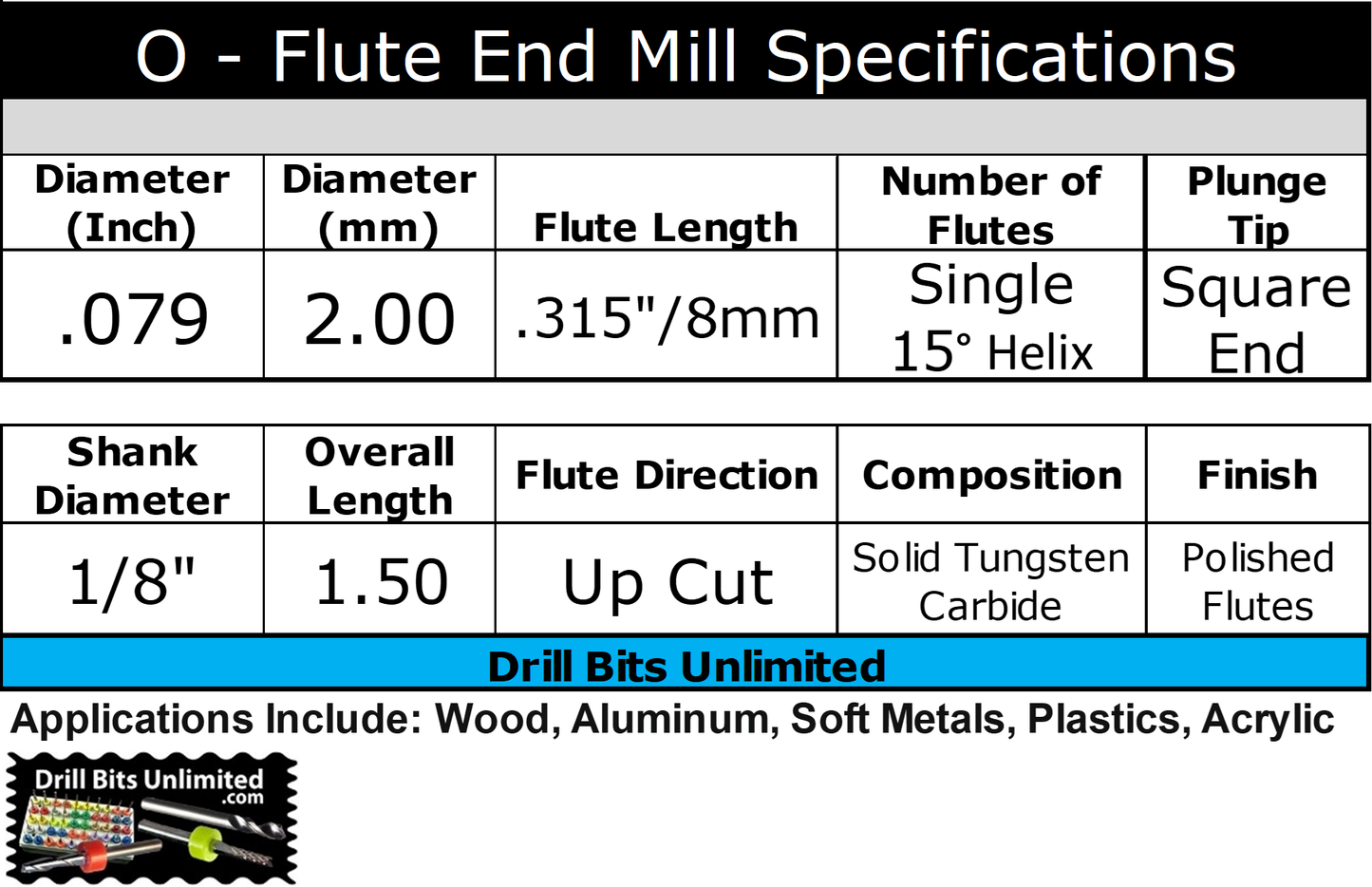 0.0787" (2.00mm) x 8mm LOC Single O-Flute Carbide End Mill, Up Cut, 1/8" Shank | MO-170