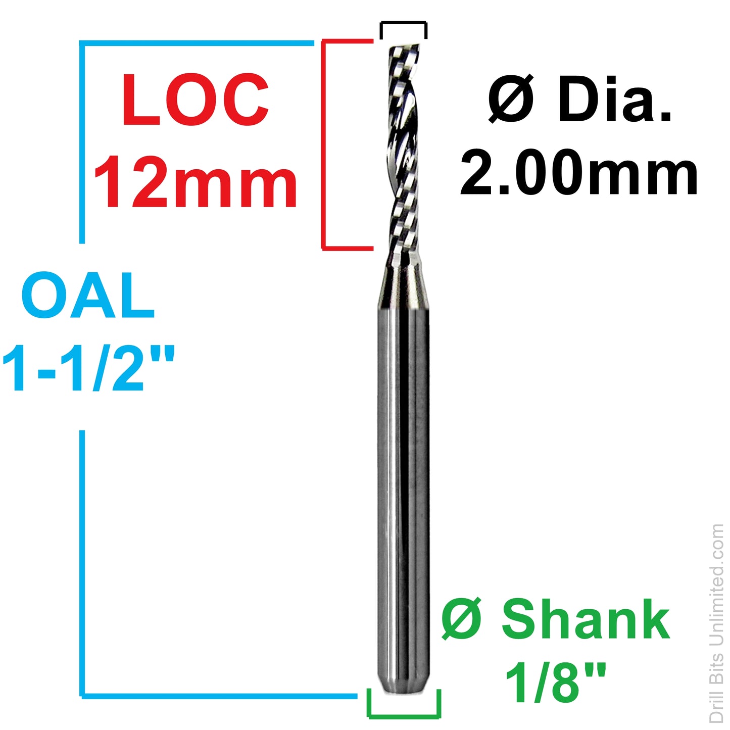 Dimension image for 2.00mm single O-flute carbide end mill showing 12mm LOC, 1-1/2 inch OAL, and 1/8 inch shank