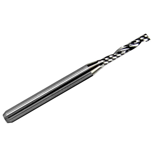 2.00mm single O-flute carbide end mill with polished flutes and 1/8 inch shank