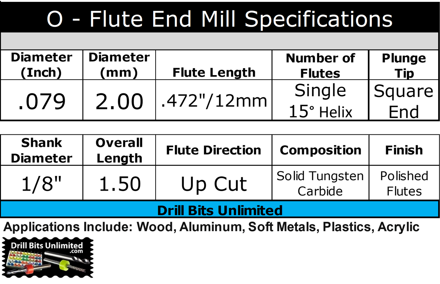 0.0787" (2.00mm) x 12mm LOC Single O-Flute Carbide End Mill, Up Cut, 1/8" Shank | MO-172