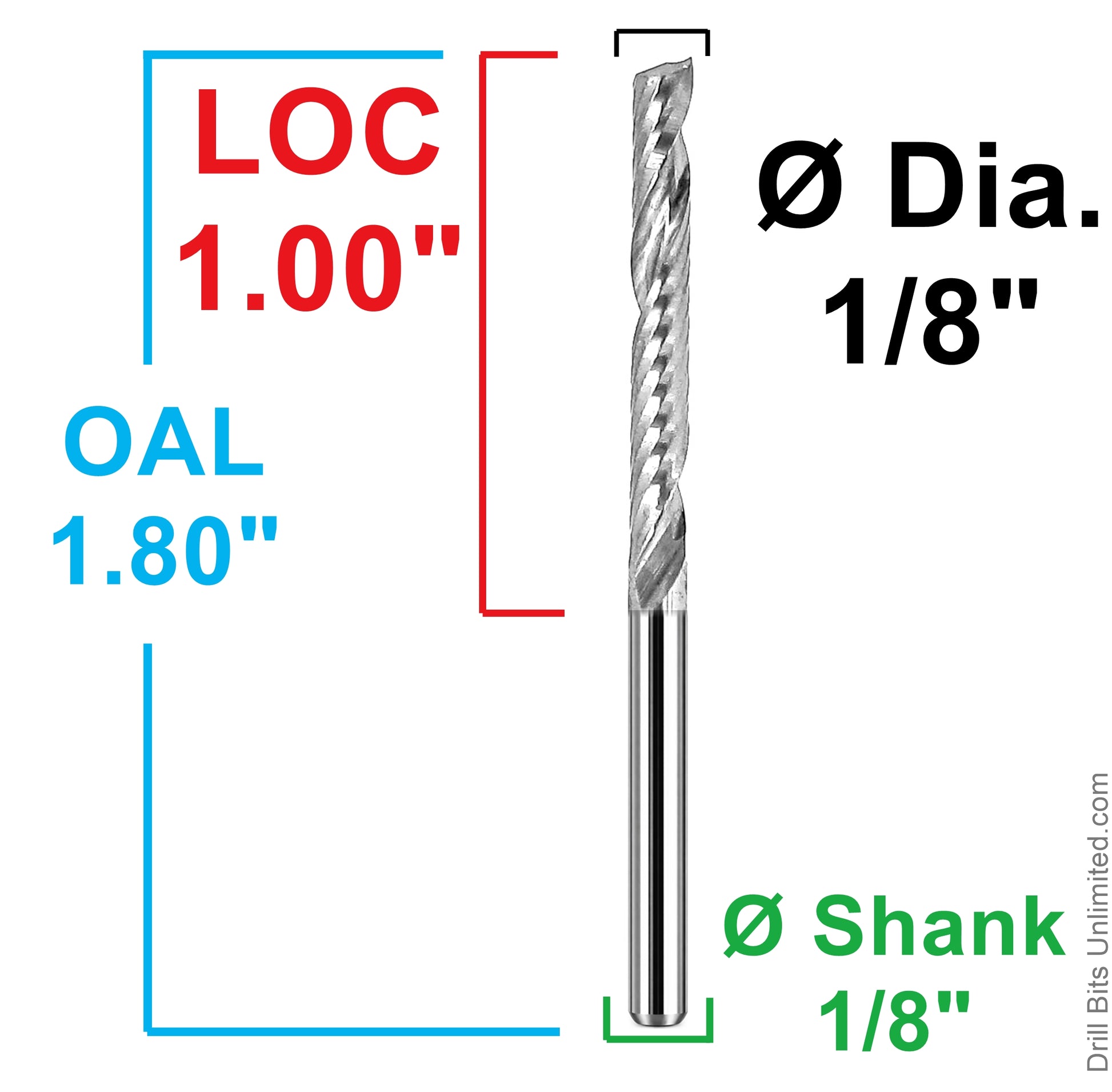 Dimensional drawing of 1/8 inch single O-flute carbide end mill showing 1.00 inch flute length, 1.80 inch OAL, and 1/8 inch shank